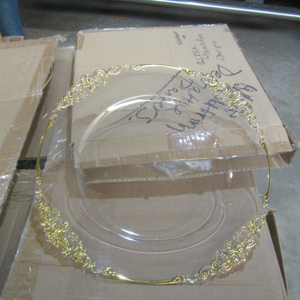 CLEAR PLASTIC CHARGERS W/GOLD FANCY DECOR RIM, 2 BOXES OF 6 $EACH BOX